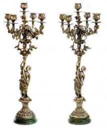 Бронзовые канделябры &amp;quot;Диана&amp;quot; 10 свечей на подставке из змеевика