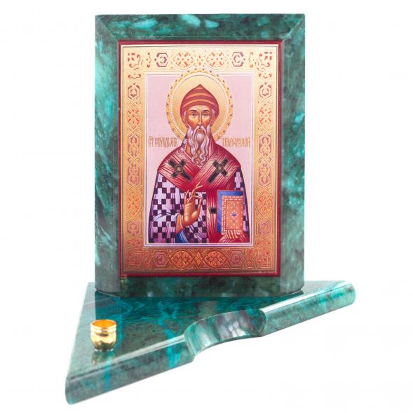 Икона с подсвечником Спиридон Тримифунтский из змеевика средняя 120979