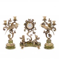 Каминные часы с канделябрами &amp;quot;Колибри&amp;quot; из бронзы и змеевика
