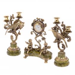 Каминные часы с канделябрами &amp;quot;Колибри&amp;quot; из бронзы и змеевика