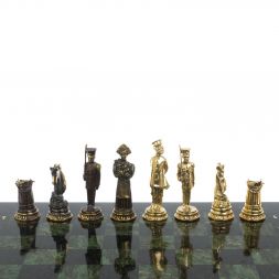 Подарочные шахматы "Деревенские" фигуры бронза, доска змеевик 40х40 см