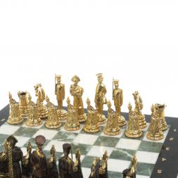 Шахматы "Деревенские" бронзовые, доска из змеевика 40х40 см