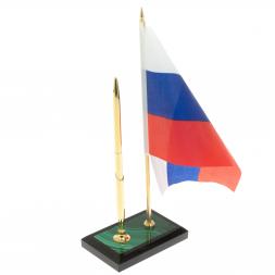 Подставка под ручку с флагом РФ из малахита 11х6х25 см
