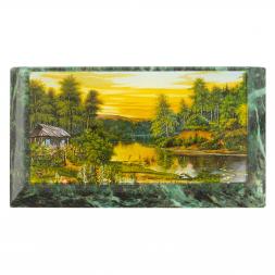 Шкатулка с иллюстрацией &amp;quot;Домик на берегу реки&amp;quot; камень змеевик 17,5х9,5х7,5 см