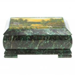Шкатулка с иллюстрацией &amp;quot;Домик на берегу реки&amp;quot; камень змеевик 17,5х9,5х7,5 см
