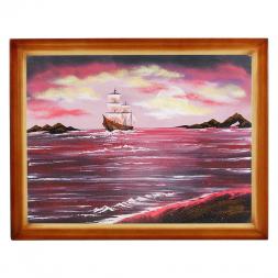 Картина "Рубиновый закат с парусником" багет дерево 36х46 см, каменная крошка