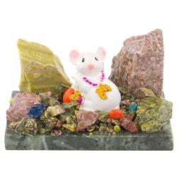 Сувенир &amp;quot;Мышка белая с евро&amp;quot; змеевик самоцветы