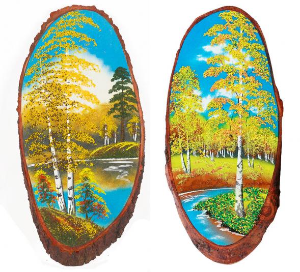 Панно на срезе дерева &amp;quot;Осень&amp;quot; вертикальное 55-60 см каменная крошка 112213