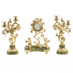 Каминные часы &amp;quot;Ангелы&amp;quot; с канделябрами бронза камень змеевик