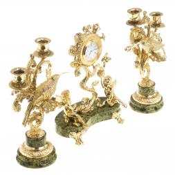 Каминные часы &amp;quot;Ангелы&amp;quot; с канделябрами бронза камень змеевик