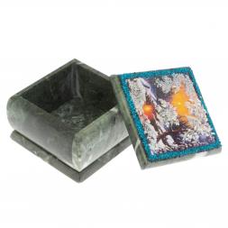 Шкатулка "Зимний вечер" камень змеевик 10х10х7 см