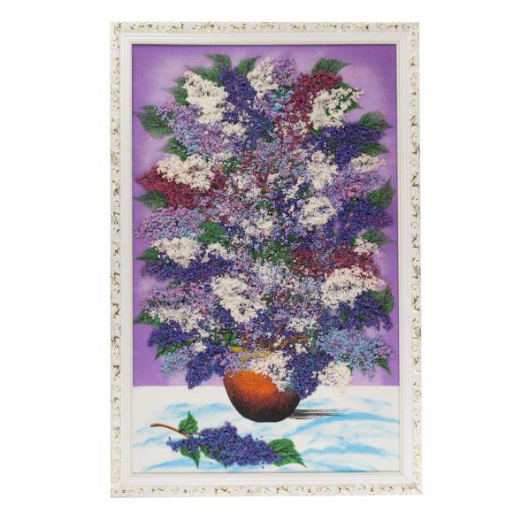 Картина с рисунком из камня &amp;quot;Натюрморт сирень в горшке&amp;quot; 87х57 см белый багет на сиреневом фоне 121557