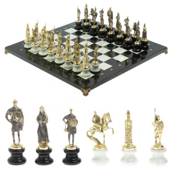 Шахматы &amp;quot;Русь&amp;quot; из мрамора и змеевика на каменных подставках 44х44 см 128512