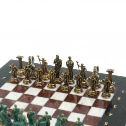Шахматы &amp;quot;Подвиги Геракла&amp;quot; фигуры бронза / патина 28х28 см из мрамора и лемезита