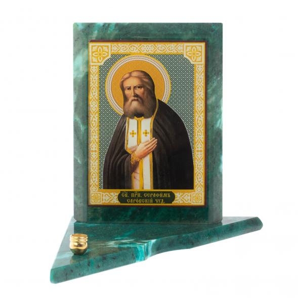 Икона с подсвечником Серафим Саровский средняя из змеевика 12х12х13 см 118948