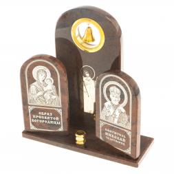 Икона большая триптих "Ангел, Богородица, Николай" камень обсидиан
