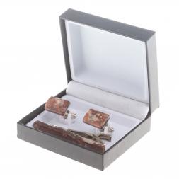 Набор запонки прямоугольные и зажим для галстука камень авантюрин