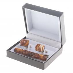 Набор запонки закругленные и зажим для галстука камень авантюрин