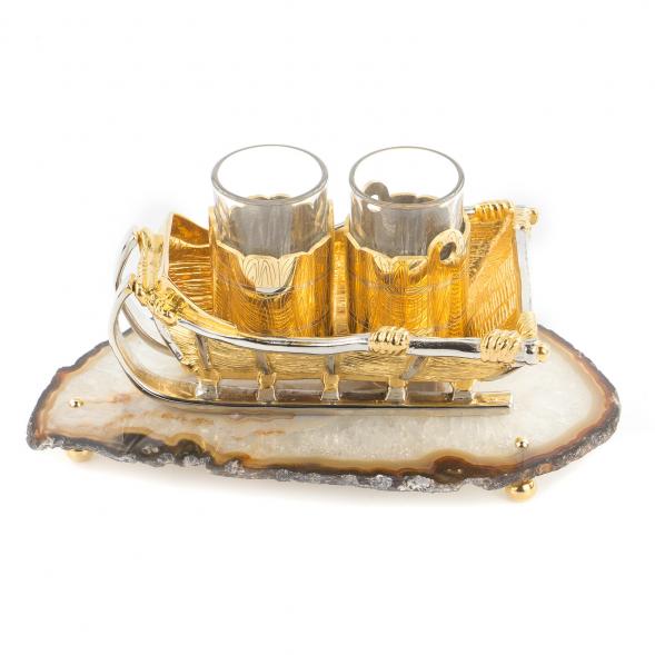 Набор икорница и 2 стопки для водки &amp;quot;Сани&amp;quot; камень агат Златоуст 119798