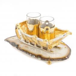 Набор икорница и 2 стопки для водки "Сани" камень агат Златоуст