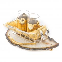Набор икорница и 2 стопки для водки "Сани" камень агат Златоуст