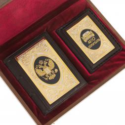 Подарочный набор "Автомобилист" обложка для автодокументов и ежедневник из коричневой кожи