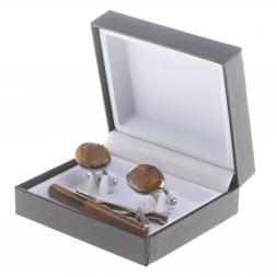 Набор запонки овальные и зажим для галстука камень тигровый глаз