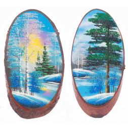 Панно на срезе дерева &amp;quot;Зима&amp;quot; вертикальное 40-45 см каменная крошка