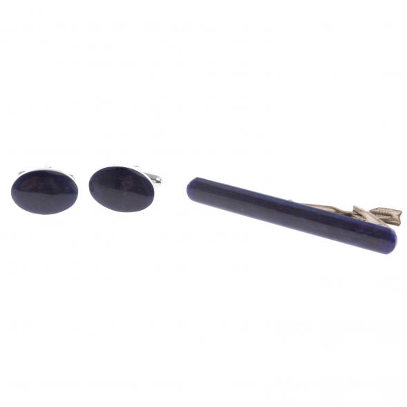 Набор запонки овальные и зажим для галстука камень содалит 124465
