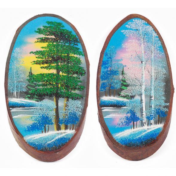 Панно на срезе дерева &amp;quot;Зима&amp;quot; вертикальное 35-40 см каменная крошка 112233