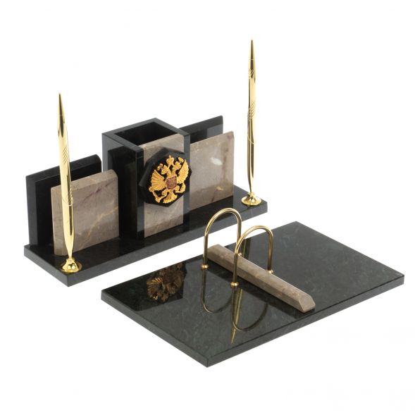 Настольный набор &amp;quot;Офисный&amp;quot; с гербом РФ камень бежевый мрамор 127583