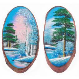 Панно на срезе дерева &amp;quot;Зима&amp;quot; вертикальное 30-35 см каменная крошка