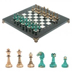 Шахматы "Стаунтон" фигуры бронза / патина 28х28 см из мрамора