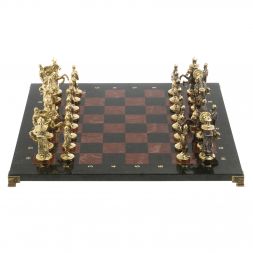 Шахматы "Богатыри" из бронзы доска 44х44 см лемезит змеевик
