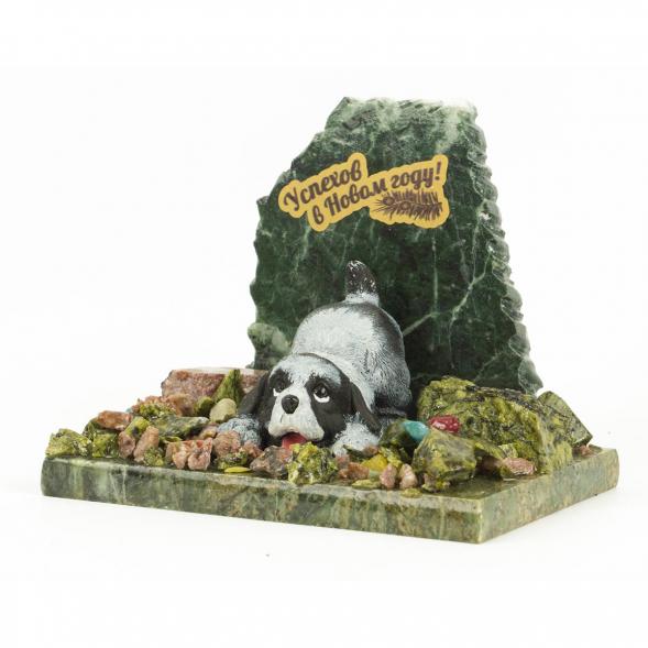 Сувенир &amp;quot;Щенок играет&amp;quot; черно-белый змеевик самоцветы 125х95х110 мм 118606